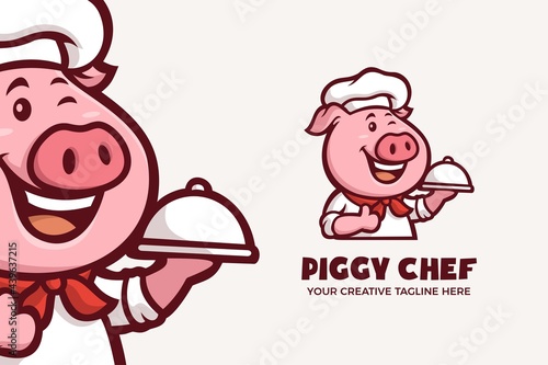 Cute Piggy Chef Restaurant Mascot Character Logo Template