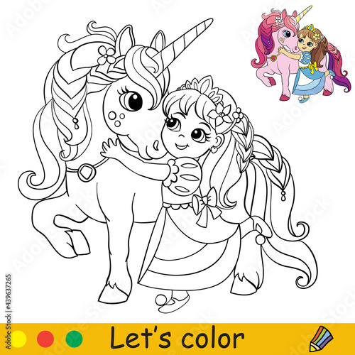 Cartoon cute princess cuddles with a unicorn coloring
