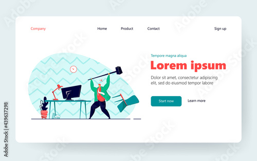 Angry office worker breaking computer with hammer. Tired adult man stressed from hard work flat vector illustration. Business, work stress concept for banner, website design or landing web page