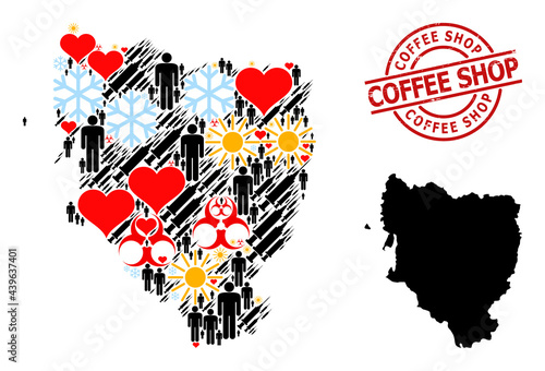 Distress Coffee Shop stamp seal, and frost patients virus therapy mosaic map of Hueska Province. Red round seal has Coffee Shop title inside circle.