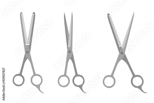 Set of barber accessories for cutting and trimming hair. Metal Opened Thinining Scissors. Icon Set. Hairdressing scissor. Vector Illustration in flat style isolated on white background.