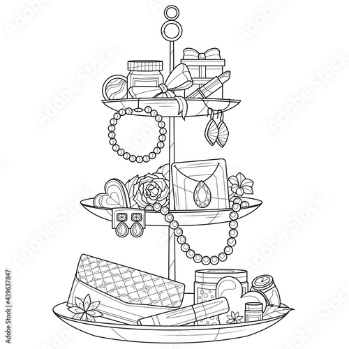 Plate with decorations and jewels.Coloring book antistress for children and adults. Illustration isolated on white background.Zen-tangle style. Black and white drawing