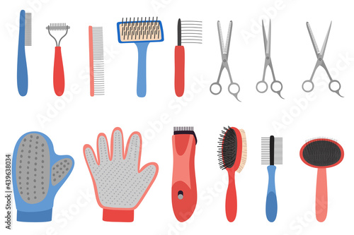 Grooming equipment for pets care salon. Dog and cat hairdressing tools set. Domestic animals hygiene, health, accessories, vets. Pet shop. Flat vector illustration isolated on white background