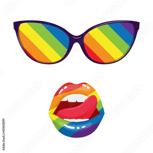 Sunglasses and an open mouth with plump lips and a protruding tongue. Rainbow colors. LGBT Pride Month. Decorative elements isolated on a white background. Vector illustration.