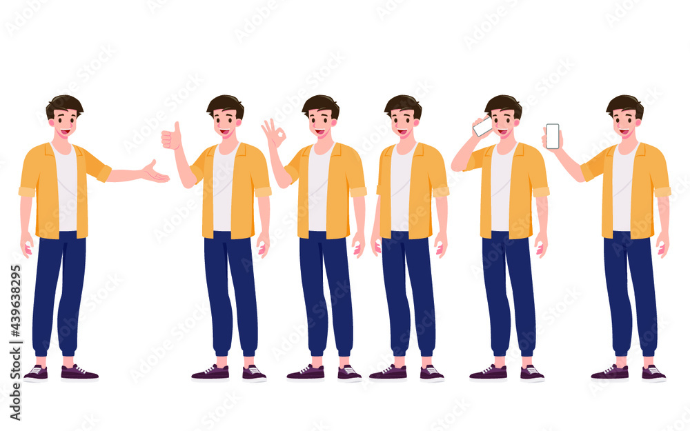 Collection of smiling handsome young man in different gesture style standing isolated on white background. Set of guys in various pose action of teenager. Collection of smiling handsome young man in different gesture style standing isolated on white background. Set of guys in various pose action of teenager.