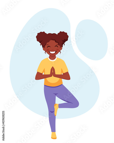 Black girl doing yoga. Gymnastic, yoga and meditation for children. Vector illustration