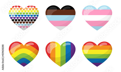 A set of heart-shaped stickers in LGBT rainbow colors. The transgender flag. Vertical and horizontal stripes. Vector illustration isolated on a white background.