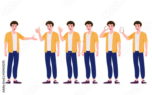 Collection of smiling handsome young man in different gesture style standing isolated on white background. Set of guys in various pose action of teenager.