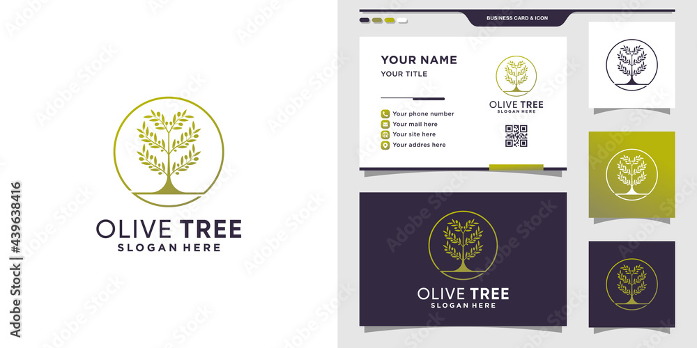 Olive tree logo with line art style and circle concept and business card design Premium Vector