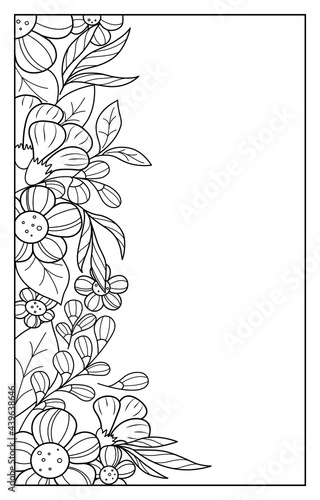 Vertical black and white border of contour flowers and leaves, fantastic abstraction. Suitable for coloring pages for adults and children, postcards, holiday invitations.