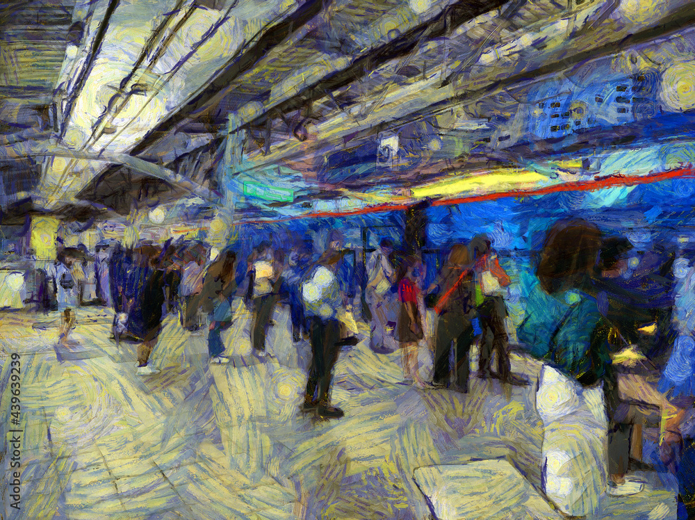 Obraz premium Landscape of the Skytrain Station Illustrations creates an impressionist style of painting.