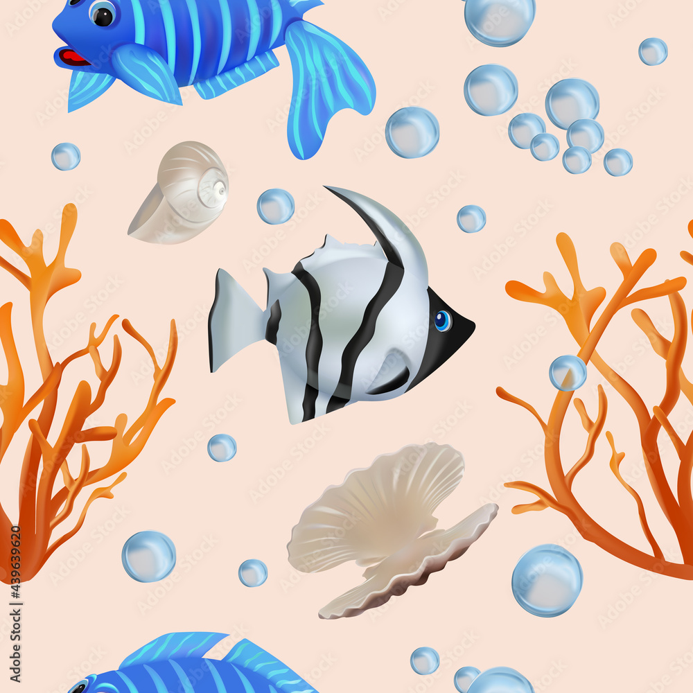 Naklejka premium Seamless pattern with Tropical fish, shell, corals. Pattern with Underwater world for your design. Vector illustration.