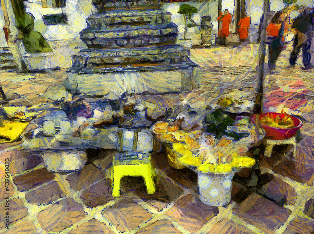 Wat Phra Chetuphon (Wat Pho), is located behind the splendid Temple of the Emerald Buddha Illustrations creates an impressionist style of painting. Wat Phra Chetuphon (Wat Pho), is located behind the splendid Temple of the Emerald Buddha Illustrations creates an impressionist style of painting.
