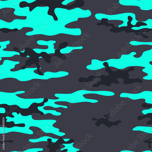  Camouflage trendy seamless vector pattern, black and blue print background.