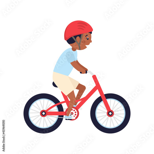 Cute happy American boy with red helmet riding bicycle. African child rides red modern bike. Healthy lifestyle. Sport vehicle competition concept. Vector illustration isolated on white