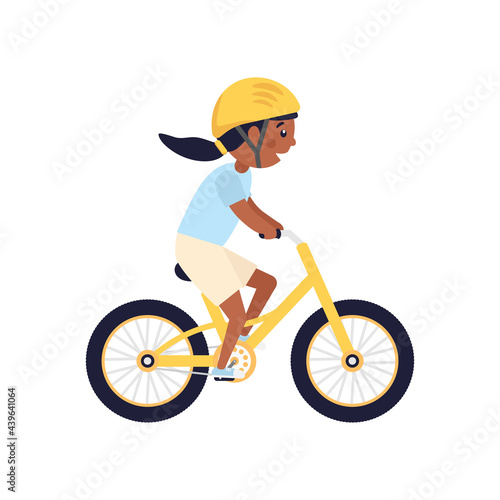 Cute happy American girl with yellow helmet riding bicycle. African child rides modern bike. Healthy lifestyle. Sport vehicle competition concept. Vector illustration isolated on white
