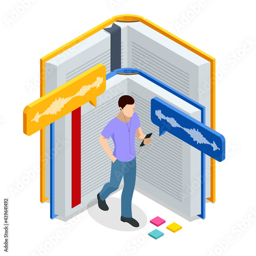 Isometric Audiobooks online concept. Man Listening to e-books in audio format. Books online. Online training banner. Man in headset using mobile phone listening to Audiobook