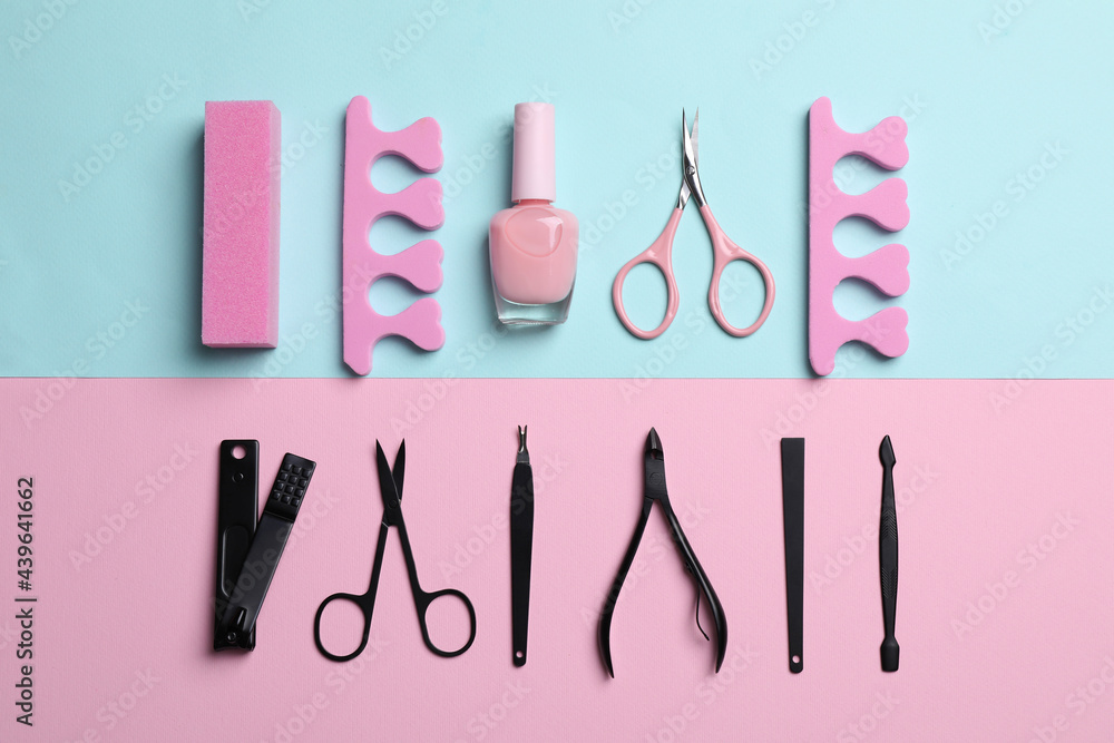 Composition with manicure and pedicure tools on color background, flat lay