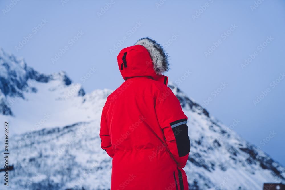 Back view of male explorer in red winter coat standing near high mountains explore location on weekends trip, man traveler looking at scandinavian fjords landscape on expedition
