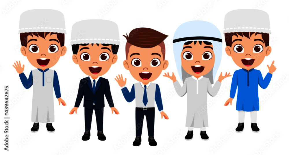 Happy cute kid Arab Muslim boy businessman and businesswoman character standing and waving