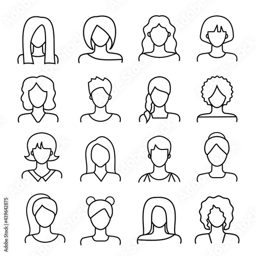 Linear women avatars set. Female faces characters collection. Vector
