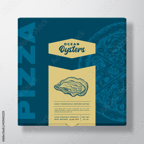 Pizza with Seafood Oysters Realistic Cardboard Box Mockup. Abstract Vector Packaging Design or Label. Modern Typography, Sketch Food and Color Paper Background Layout. Isolated