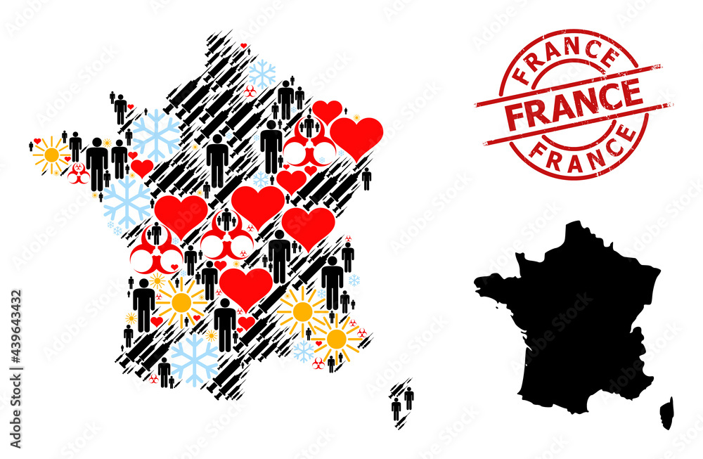 Grunge France stamp seal, and frost demographics virus therapy mosaic map of France. Red round stamp seal has France text inside circle. Map of France mosaic is constructed with snow, spring, love,