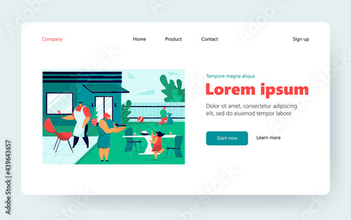 Home barbecue party vector illustration. Happy mom, dad, kids cooking grilled meat, playing, having fun on backyard. Vector illustration for leisure time with family, summer, picnic concept