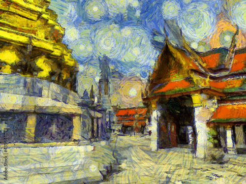 The grand palace wat phra kaew bangkok thailand Illustrations creates an impressionist style of painting. © Kittipong