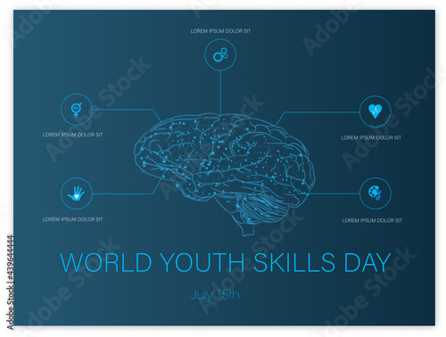 World youth skills day.Brain surrounded by icons representing some youth skills like work,equality,culture,health,volunteerism.
Vector illustration in blue tones