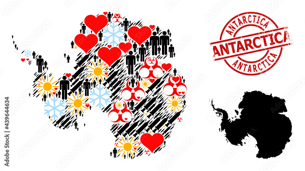 Textured Antarctica badge, and winter men infection treatment collage map of Antarctica. Red round badge includes Antarctica tag inside circle. Map of Antarctica collage is organized from winter,