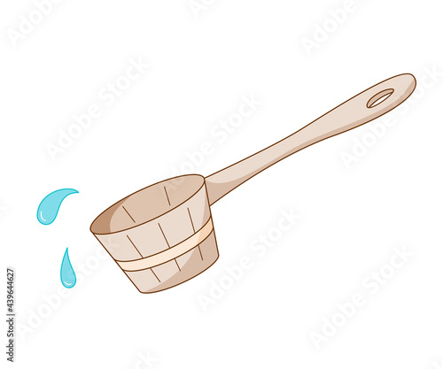 Wooden scoop for water and use in a sauna or steam room. Colored isolated illustrations in cartoon style with an outline on a white.
