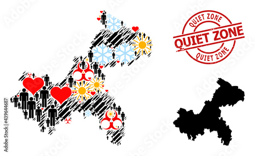 Grunge Quiet Zone stamp seal, and sunny population virus therapy collage map of Chongqing Municipality. Red round stamp seal has Quiet Zone caption inside circle.