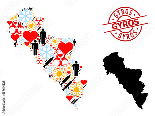 Scratched Gyros seal, and heart man virus therapy collage map of Greece - Andros Island. Red round seal includes Gyros text inside circle. Map of Greece - Andros Island collage is designed of frost,