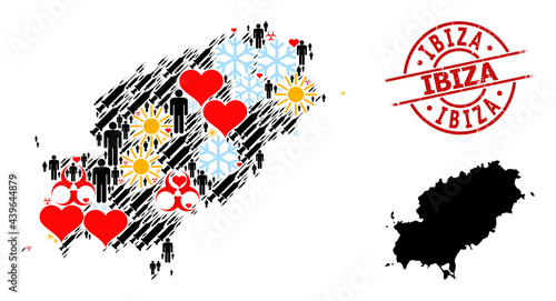 Distress Ibiza badge, and heart men syringe mosaic map of Ibiza Island. Red round stamp contains Ibiza caption inside circle. Map of Ibiza Island mosaic is composed from cold, sun, lovely, men, photo