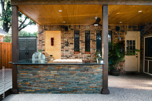 New and modern outdoor kitchen on a sunny summer evening