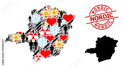 Textured Nordic stamp, and spring demographics infection treatment collage map of Minas Gerais State. Red round stamp seal contains Nordic title inside circle.