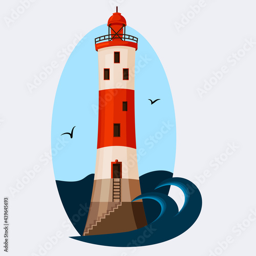 Beacon. Lighthouse tower against the sky. Gulls and ocean waves. Vector illustration.