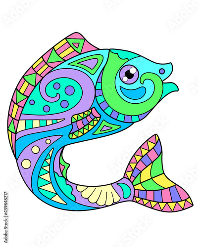 Fish - vector linear full color zentangle picture - with sea animal living in the ocean. Template for stained glass, batik or coloring. Fish painted with zentangles - representative of the underwater 