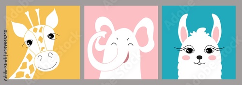 Hand drawn set of childrens creative illustrations in minimal flat style with giraffe, elephant and llama. Wall art with cute animals. For a postcard, a poster, a children's room decoration.