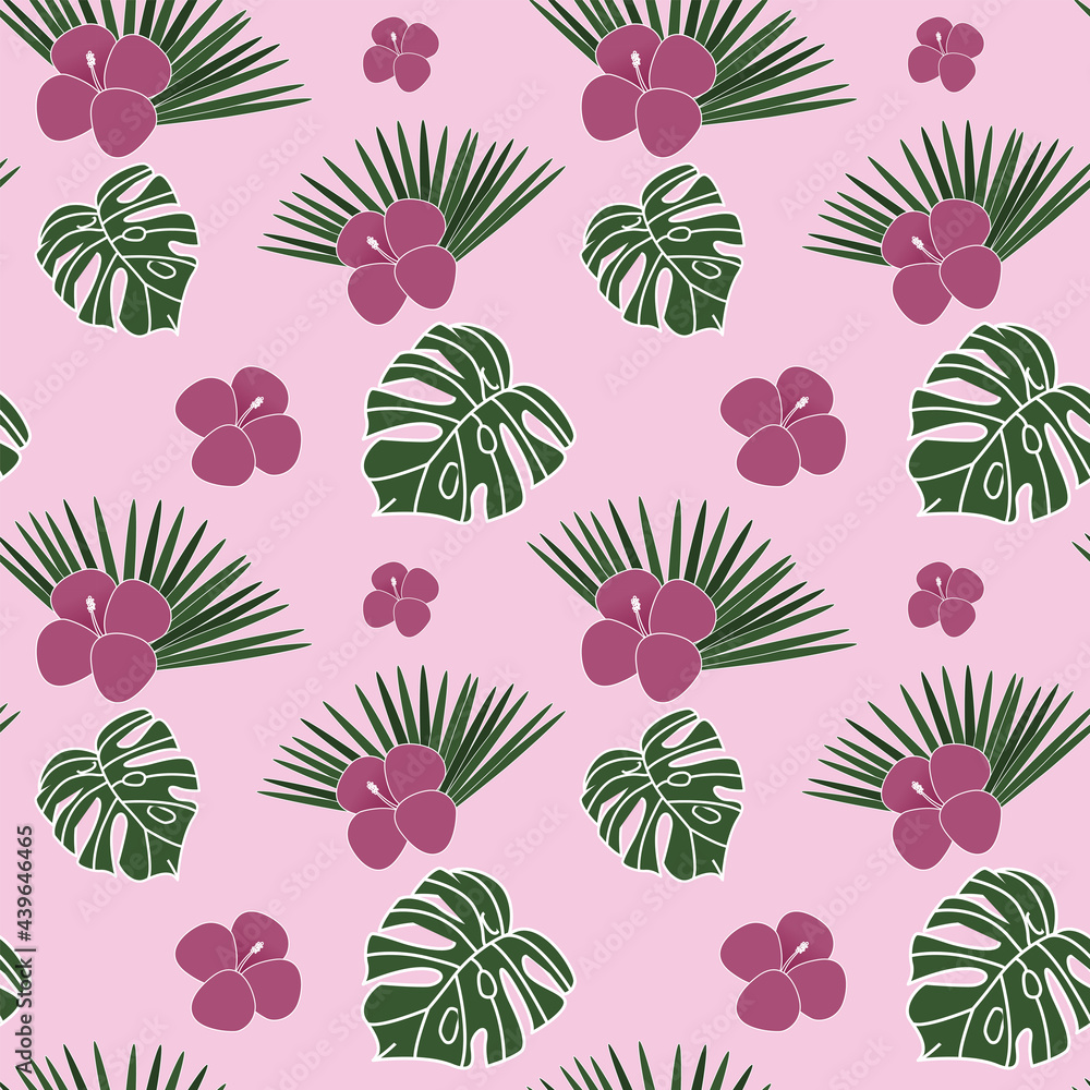 Vector tropical seamless pattern with pink flowers and palm leaves and monstera for fabrics, paper, textile, gift wrap isolated on pink background