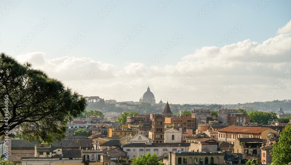 Rome. Silhouette of St. Peter's Basilica from the terrace of the Orange Trees Garden.