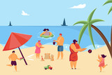 Children and parents having fun on beach. Child making sand castle, kid swimming in water flat vector illustration. Summer, childhood, vacation concept for banner, website design or landing web page