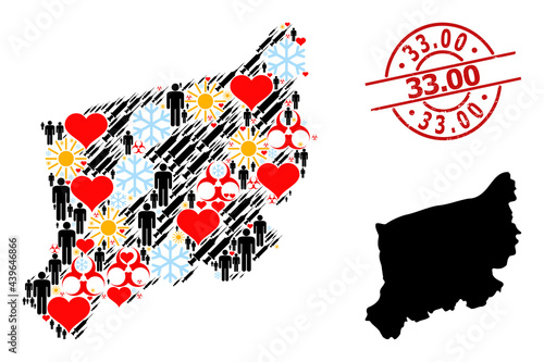 Grunge 33.00 stamp seal, and frost humans infection treatment collage map of West Pomerania Province. Red round stamp seal has 33.00 text inside circle.
