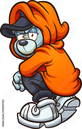 Hooded Teddy bear kneeling, looking back. Vector clip art illustration with simple gradients. All in a single layer. 
