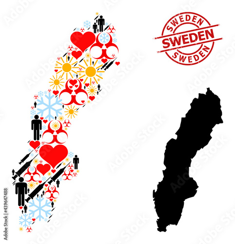 Grunge Sweden stamp, and sunny customers infection treatment mosaic map of Sweden. Red round stamp has Sweden tag inside circle. Map of Sweden mosaic is done with snow, sunny, healthcare, people,