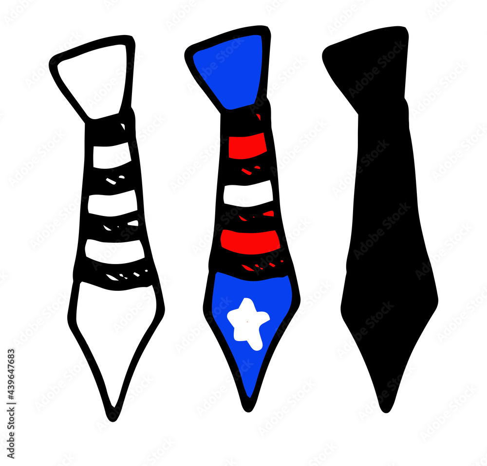 vector set of blue tie with red and white stripes and a white star, hand-drawn in doodle style. isolated outline and silhouette of a black striped tie on a white background for a design template vector set of blue tie with red and white stripes and a white star, hand-drawn in doodle style. isolated outline and silhouette of a black striped tie on a white background for a design template