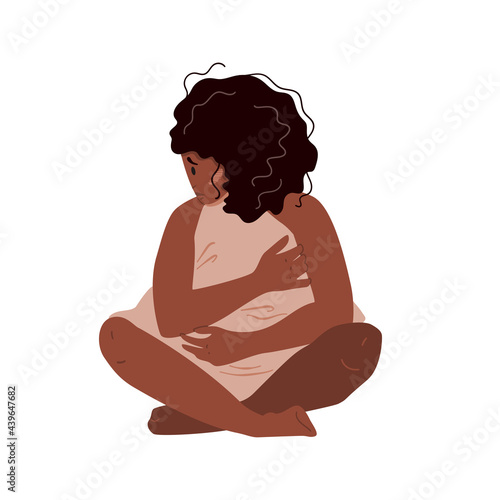Sad woman sitting on the floor hugging pillow. Concept of mental disorder. Colorful vector illustration in flat cartoon style.