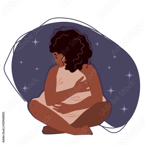 Sleepless balck girl sitting on the floor and hugging pillow. African american woman suffers from insomnia. Flat vector illustration in cartoon style.