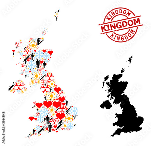 Distress Kingdom stamp seal  and lovely humans Covid-2019 treatment mosaic map of United Kingdom. Red round seal includes Kingdom caption inside circle.